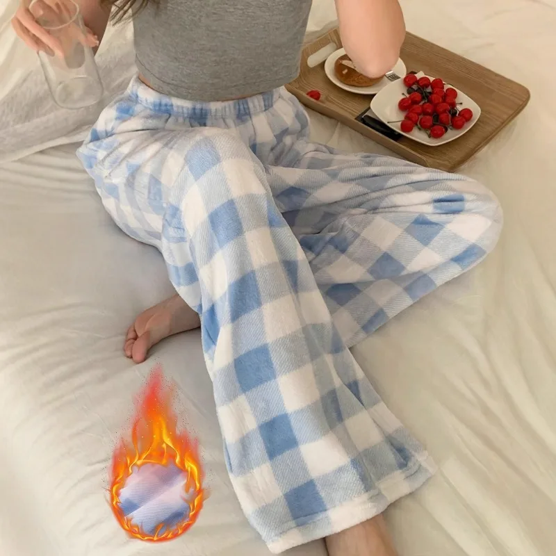 

Women's New Plaid Plush Warm Pants Loose Fitting Wide Leg Pants That Can Be Worn Outside