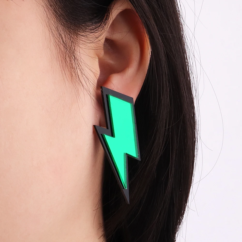 HipHop Gold Color Mirrored Lightning Stud Earrings for Women Trendy Colorful Acrylic Flash Lightning Earrings Party Jewelry Gift