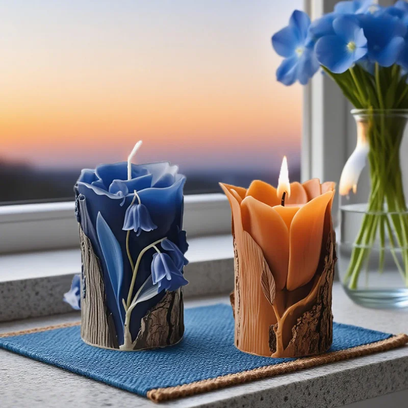 

2pcs Flower Stump Candle Mold Silicone - DIY 3D Floral Candles with Lily of Valley & Tulip, Natural Bark Texture Design