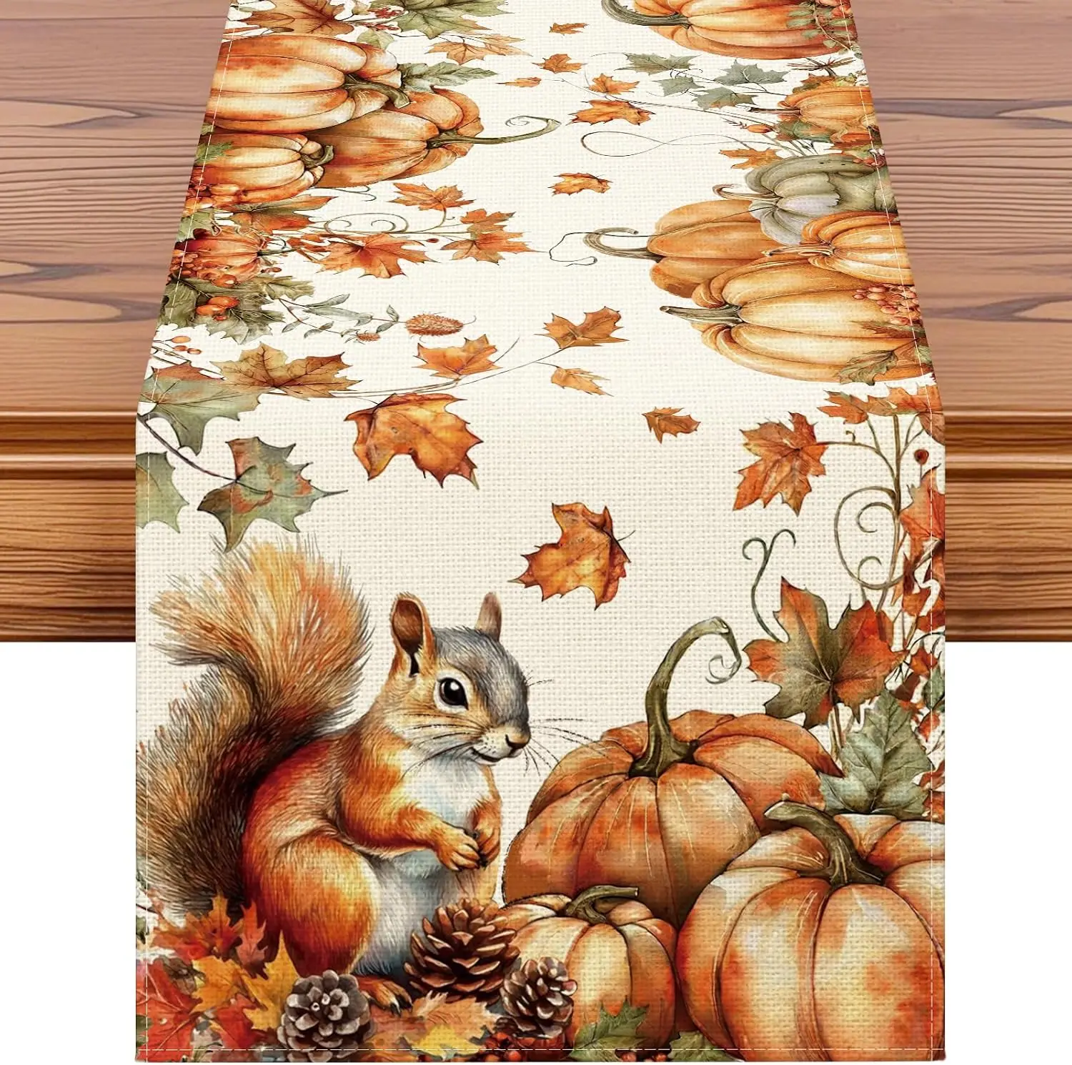 Fall Pumpkins Squirrel Maple Leaves Linen Table Runner Home Decor Autumn Harvest Kitchen Dining Table Runners Thanksgiving Decor