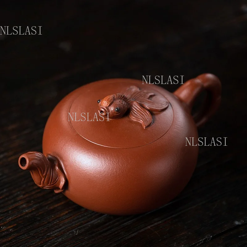 270ml Yixing Raw Red Clay Zisha Teapot Goldfish Lid Lotus Spout Lucky Fish Shape Purple Clay Single Kettle Gongfu Tea Ceremony