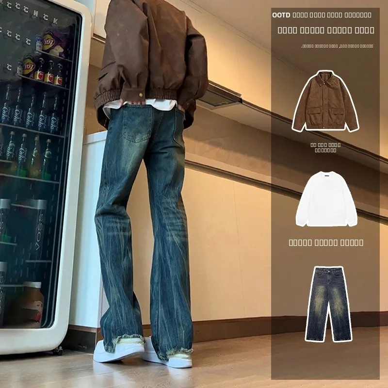 

Мужские джинсы в американском ретро-стиле, с эффектом потертости, полный комплект, в уличном стиле, расклешенные прямые джинсы, молодежный тренд, хлопок...