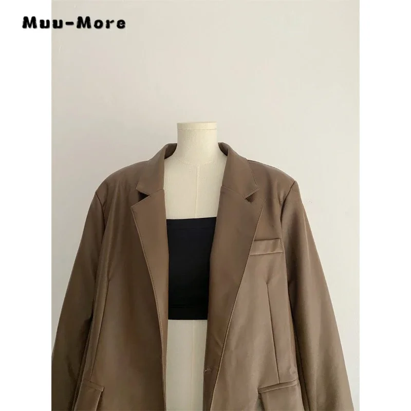 Blazers rétro en cuir à manches longues pour femmes, manteau sur mesure, vintage, décontracté, bureau, dame, document solide, col cranté, hiver, 2023