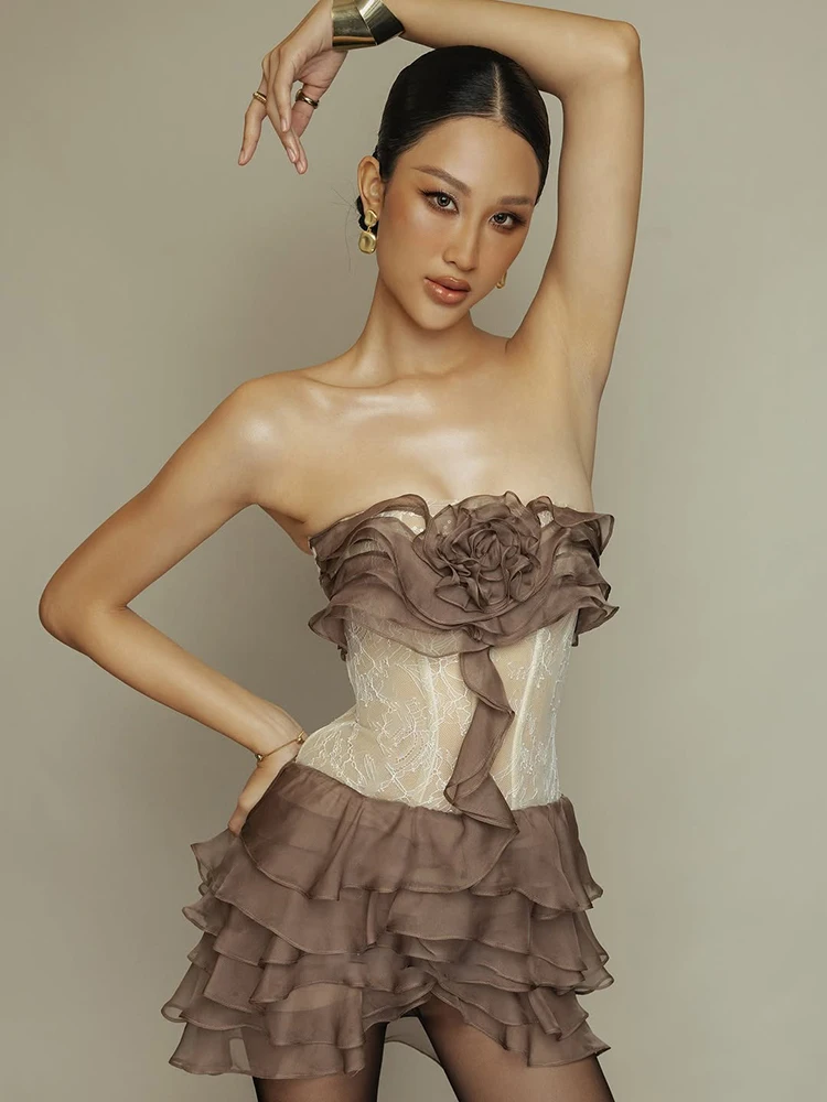 Weird Puss Tiered Kleid Damen 3D-Blumen-Patchwork Jacquard Reißverschluss Brustwickel Ärmellos Süß Elegant Modisch Schick Mini Bodycon – Detail 16