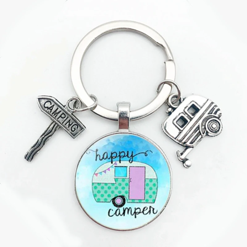 Fashion Jewelry Glass Pendant Metal Keychain Camping RV Creative Painting Classic Gift