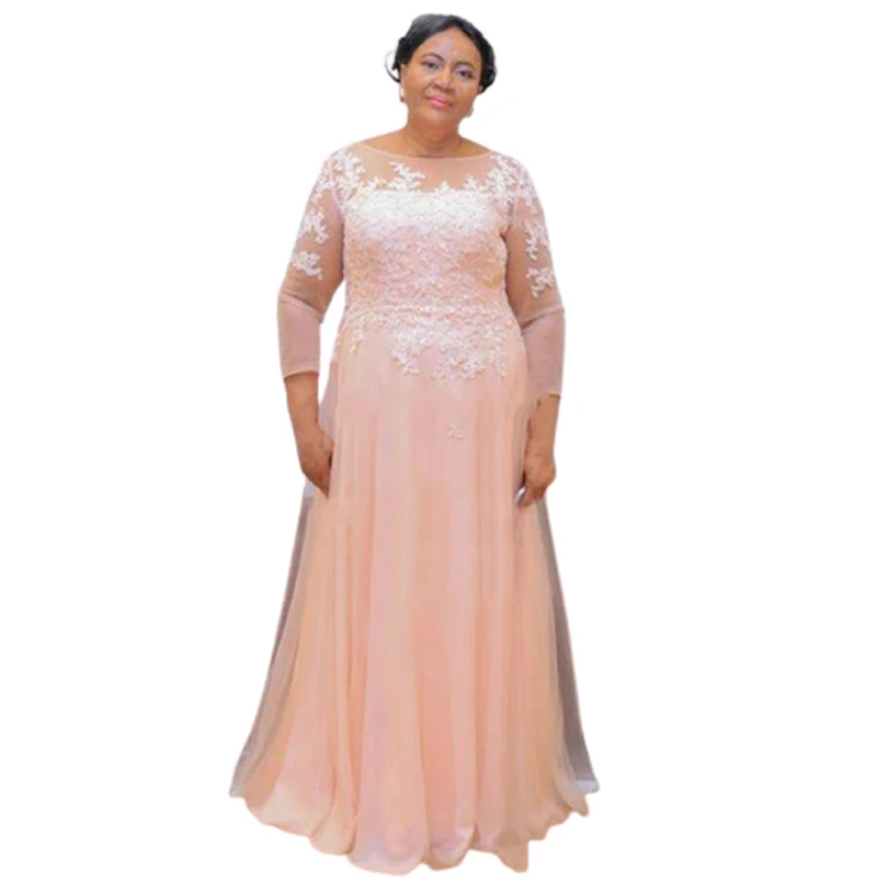 Customized Long Mother Of The Bride Dresses for Wedding Blushing Pink Sheer Neck White Lace Appliques Tulle Long Sleeves Guest