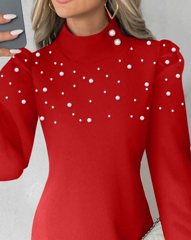 New High-End Mini Skirt Fashionable and Casual Hot Selling Pearl Studded Lantern Sleeve Half High Collar Long Sleeved Dress