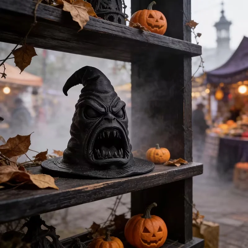 3D Printed Angry Monster Wizard Hat Figurine Black Halloween Desktop Decor Spooky Witch Hat Tabletop Ornament Horror Style Gift
