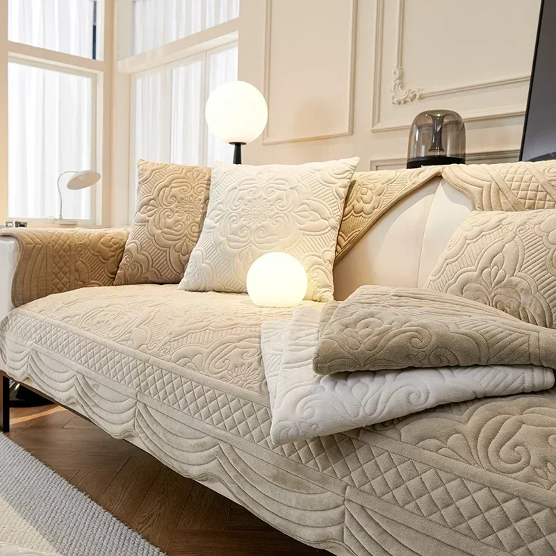

Short Plush Sofa Cushion Autumn Winter Embossed Wave Edge Sofas Towel Pillow Cover L-shaped Sofa Cover Slip Wear Resistant