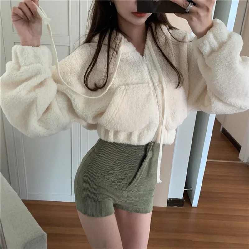 Hoodies Women Zip-up Casual All-match Solid Sweet Gentle Korean Fashion Simple Cropped Cozy Spring Female Clothing Y2k Popular