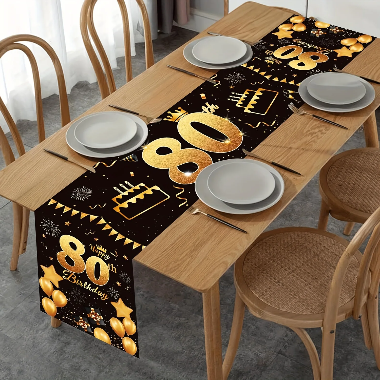 Black Golden 80th Birthday Linen Table Runner for Birthday Party Decor Washable Kitchen Dining Table Runners Dresser Scarf Decor