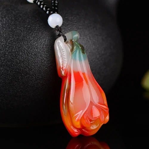 

Fashion Colorful Jade Flower Pendant Necklace Jewellery Chinese Hand-Carved Relax Healing Women Man Luck Gifts Amulet New