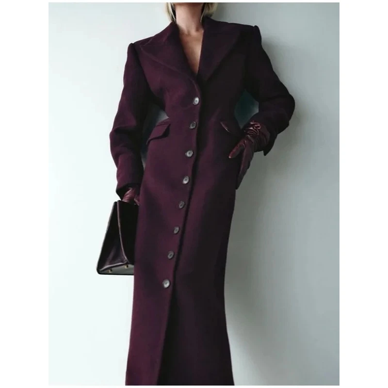 Spring New Sle Long Pure Color Slim Fit Single Button Notch Collar Coat Women's Woolen Outerwear Ele Classic Length