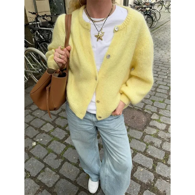 

Новый женский повседневный вязаный кардиган свободного кроя, однотонный, осенний, 2025 года, с ребристой отделкой, для ношения поверх одежды