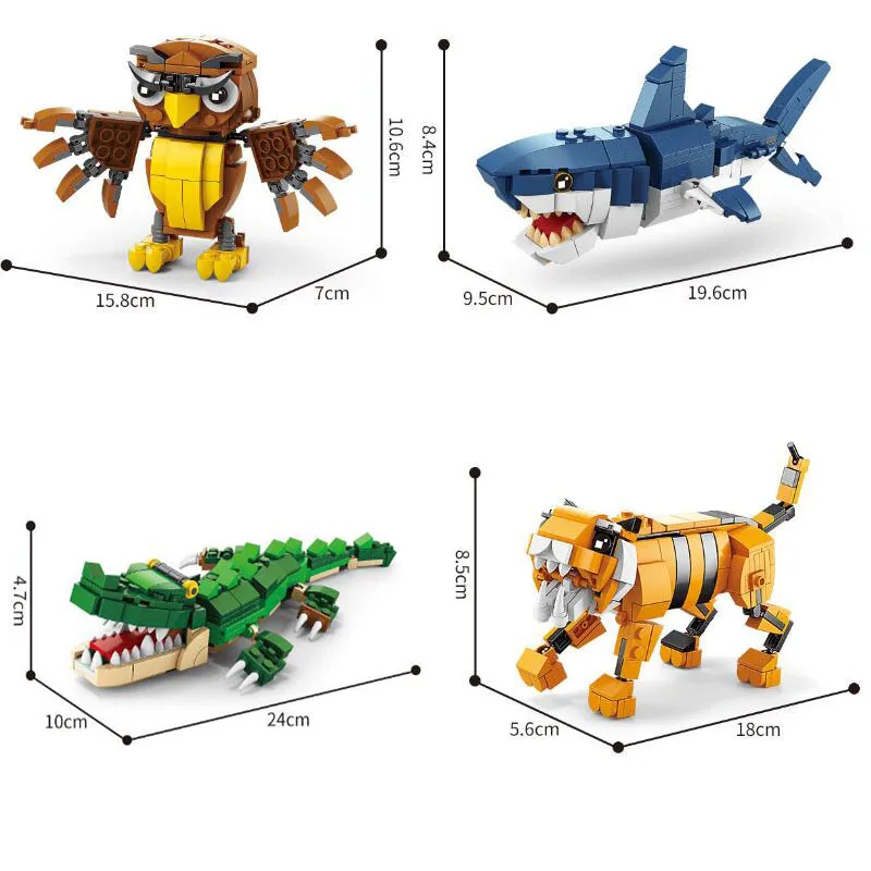 4 in 1 Tiger Mecha Block DIY 3 in 1 Deformation Animal Owl Shark Crocodile Building Brick Toy