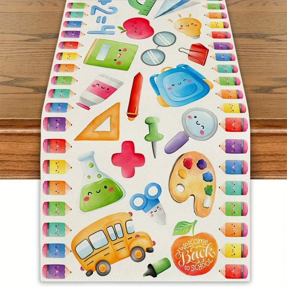 1 Piece Back-To-School Theme Table Runner with Interesting Stationery Pattern, Suitable for Classroom Decoration, School Theme P