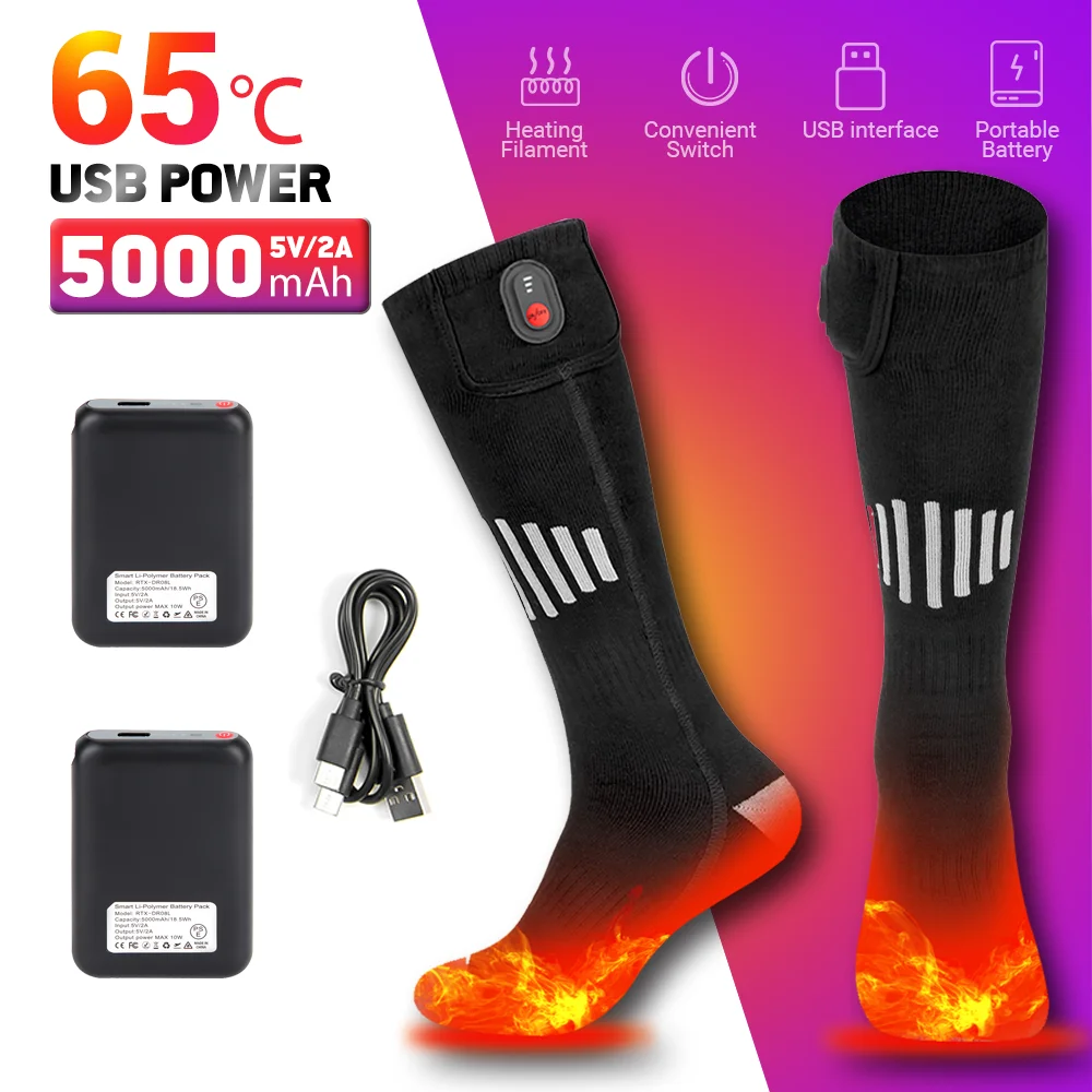 Calcetines calefactables eléctricos recargables por USB para exteriores, medias cálidas de invierno para esquí, motonieve, 65 ℃, 5000mAh