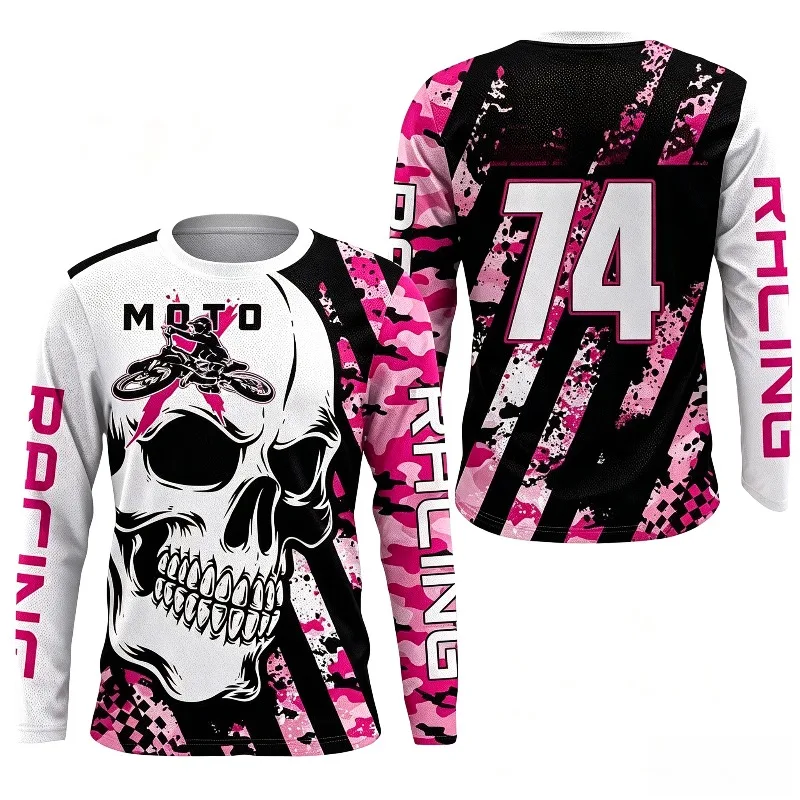 Unisex Off‑Road Riding Long‑Sleeve Top 3D Print Skull Motocross Graphic Pink Camo Number 74 Breathable Racing Sports Jersey