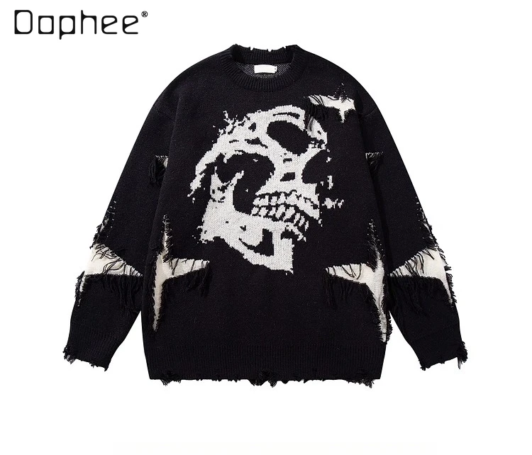 

Autumn Winter New American Gothic Style Men's Jacquard Ripped Patchwork Design Loose Casual Round Neck Black Gray Knit Sweater