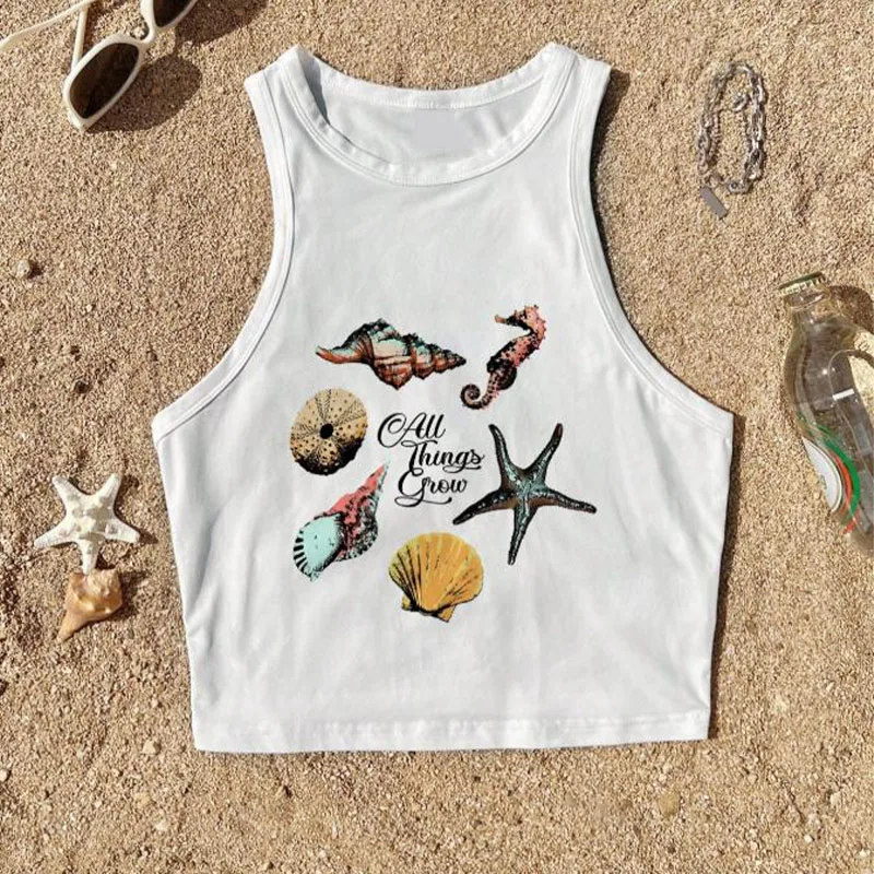 

Summer New Women's Casual Minimalist Solid Color Tank Top! Beach Shell & Sea Creature Print, Slimming & Flattering