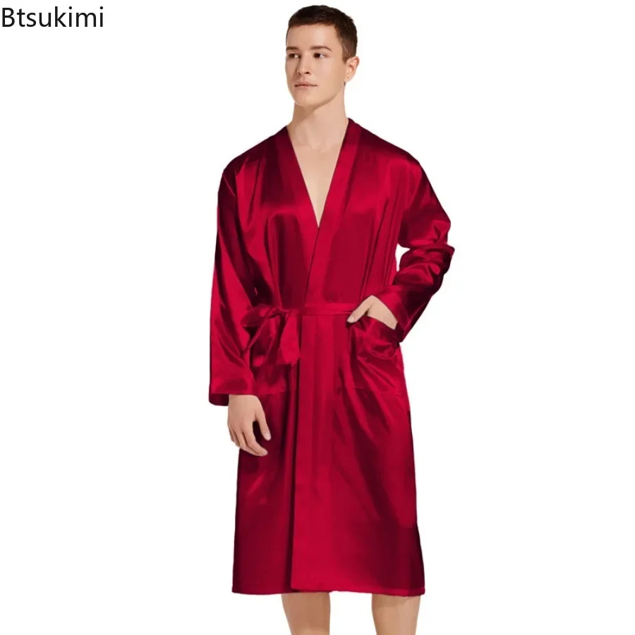 New 2025 Men\'s Long Robes Faux Silk Soft Home Bathrobe Plus Size Nightgown for Men Solid Loose Homewear Men Satin Pajamas Dress