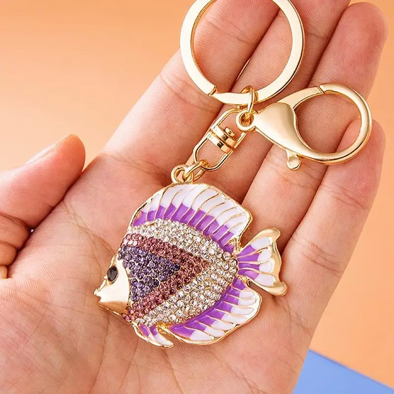Glitzernder Strass-Fisch-Schlüsselanhänger, goldener Schlüsselring, Themen-Taschenanhänger, Auto-Schlüsselanhänger, modische Schlüsselanhänger-Accessoires – Detail 6