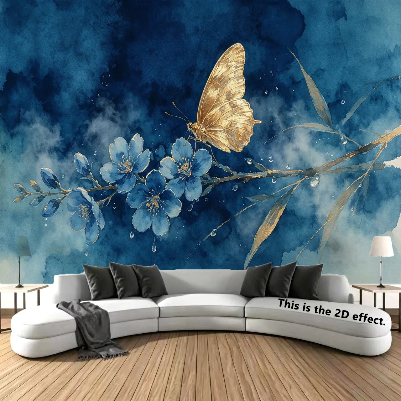 Luxury Blue And Gold Watercolor Wallpaper, Bedroom Bedside Decoration, Wallpaper For Rent, Dormitory Tapestry