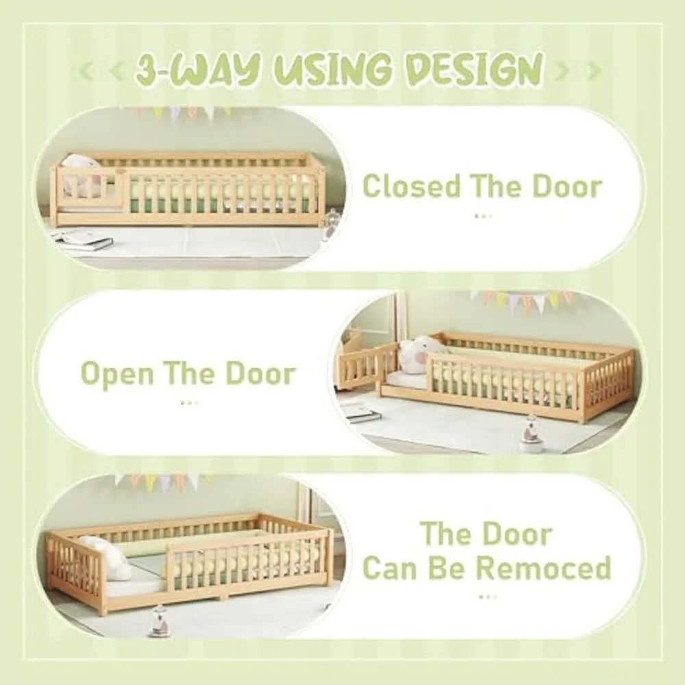 Twin Natural Floor Bed with Slats and Center Support Bar, Kids Montessori Bed with Fence and Door