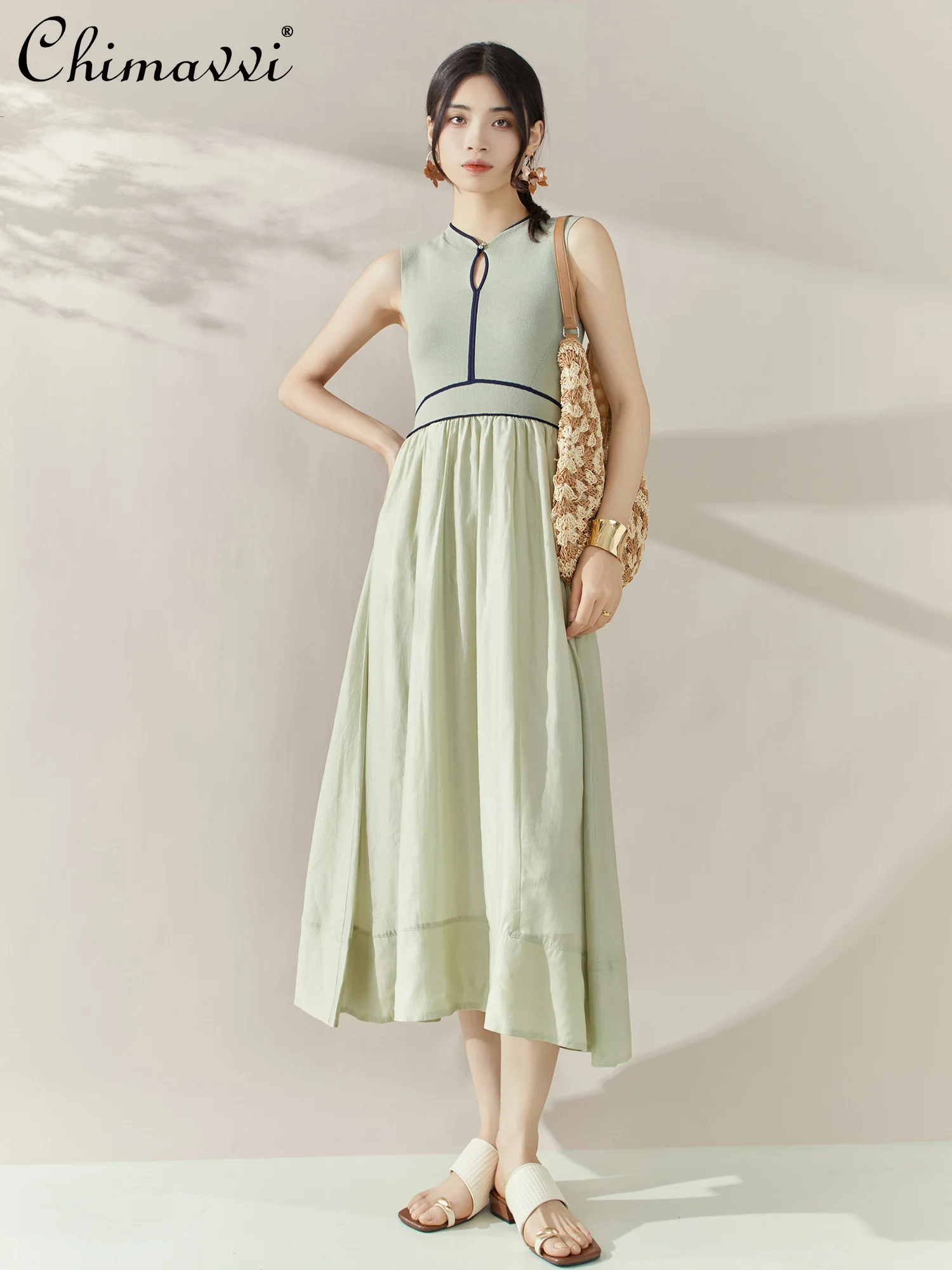 

Французское элегантное модное повседневное зеленое летнее платье, трикотажное платье трапециевидной формы без рукавов с высокой талией, простое элегантное длинное женское платье