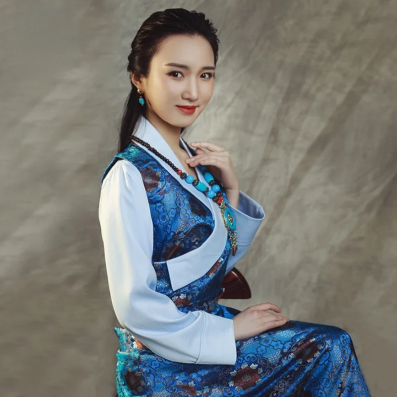 Tibetan Dress Elegant Women Dresses Oblique Collar Ethnic Style Traditional Chinese Clothing Lhasa Clothes Tibet