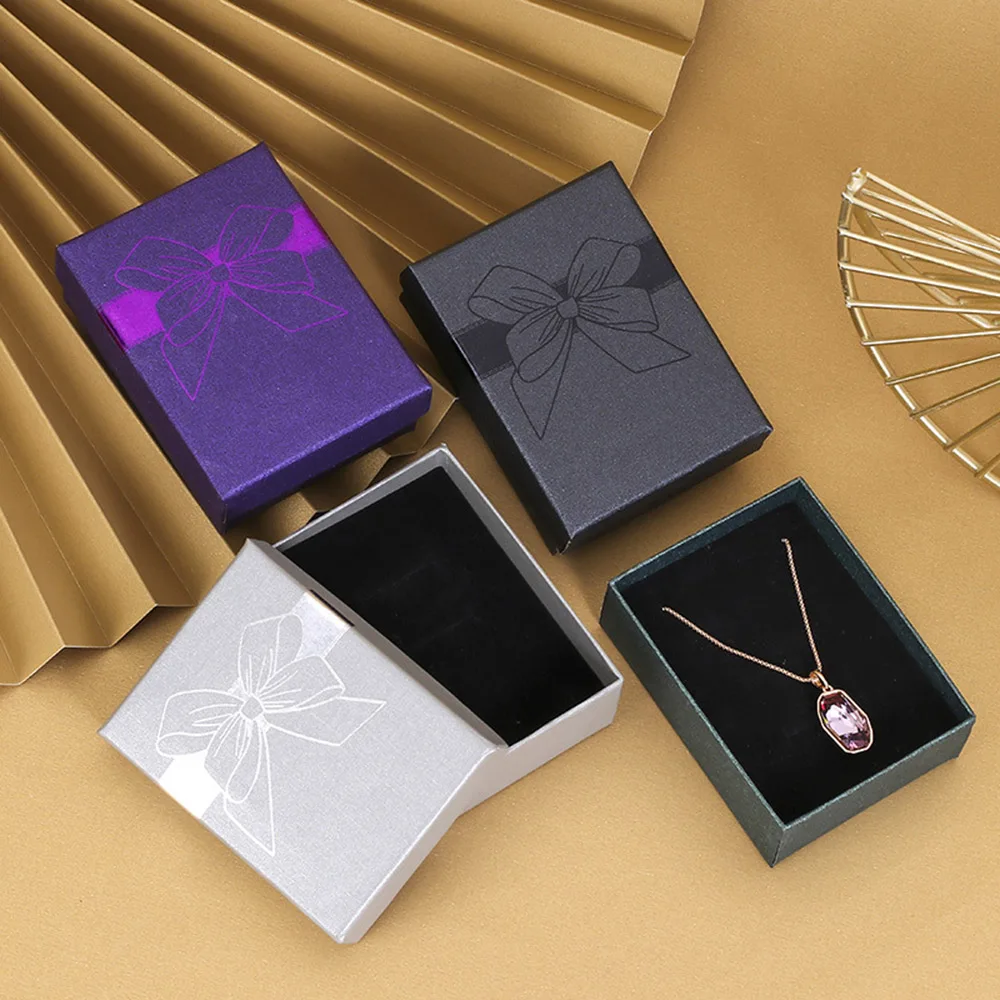 10Pcs Bronzing Stamped Bow Jewelry Organizer Storage Gift Box Necklace Earrings Ring Box Paper Jewellry Packaging Container