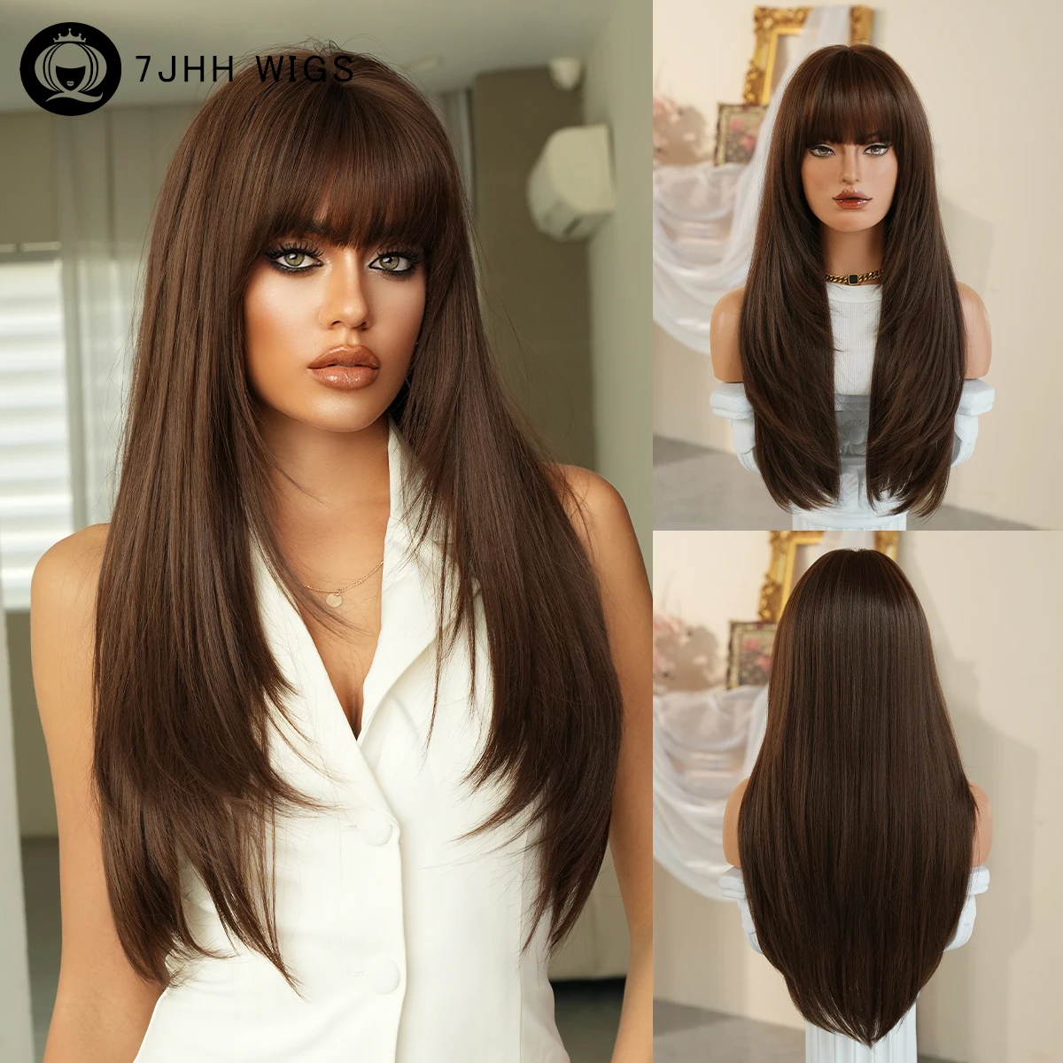 

7JHH WIGS Long Straight Dark Brown Wig for Women High Density Synthetic Layered Modest Fashion Mocha Brown Wigs with Neat Bangs