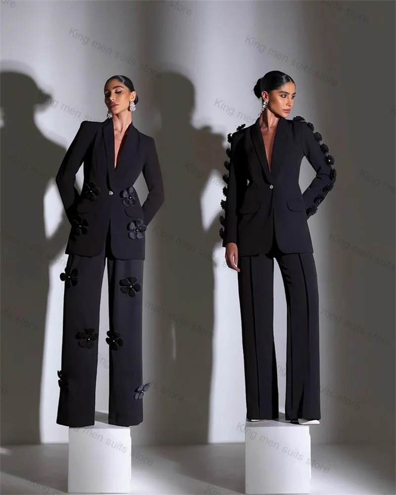 Black Women Suit Pants Blazer+Pants Trousers 3D Flower Customized Formal Office Lady Jacket Autumn Wedding Tuxedos Cotton Coat