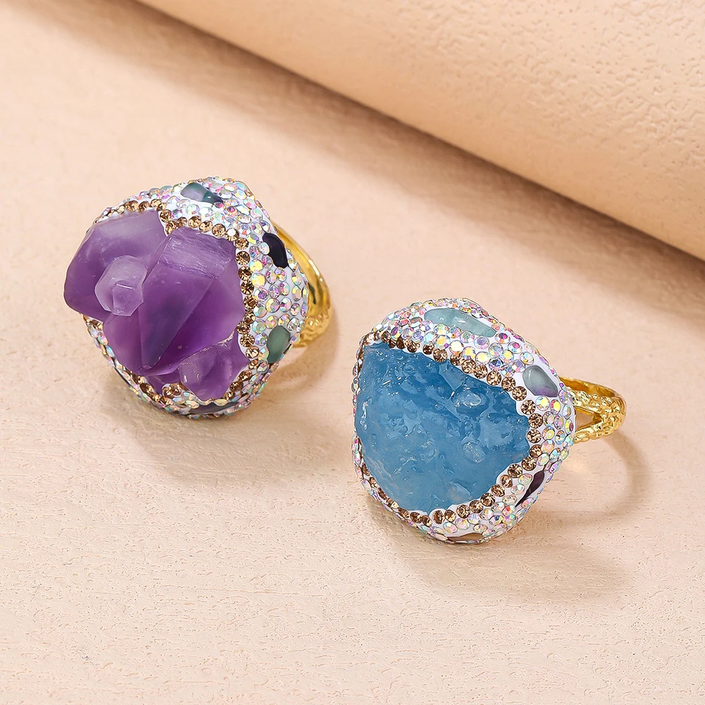 Handgefertigter natürlicher Amethyst Druzy Aquamarin Rohstein Ring Unregelmäßiger Kristall Verstellbare Öffnung Boho Damenschmuck Geschenk für Sie – Detail 5