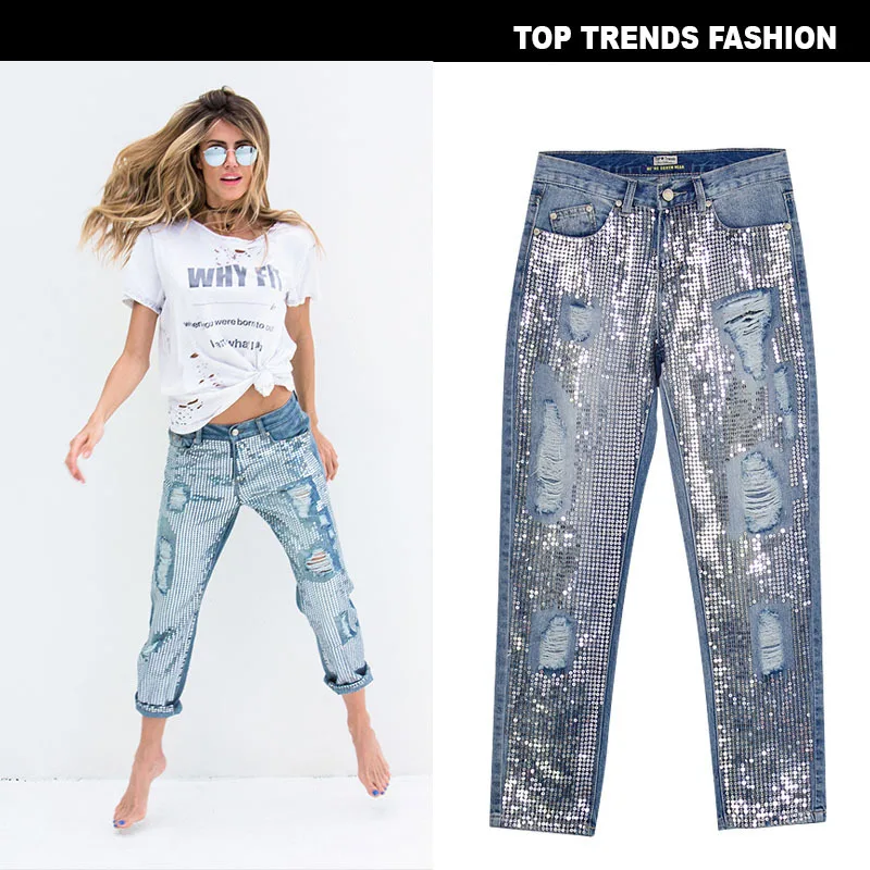 Imagem -04 - Denim Feminino com Furos Angustiados Retalhos de Lantejoulas Comprimento do Tornozelo Calça Reta Algodão Jean Streetwear Estilo Coreano Moda