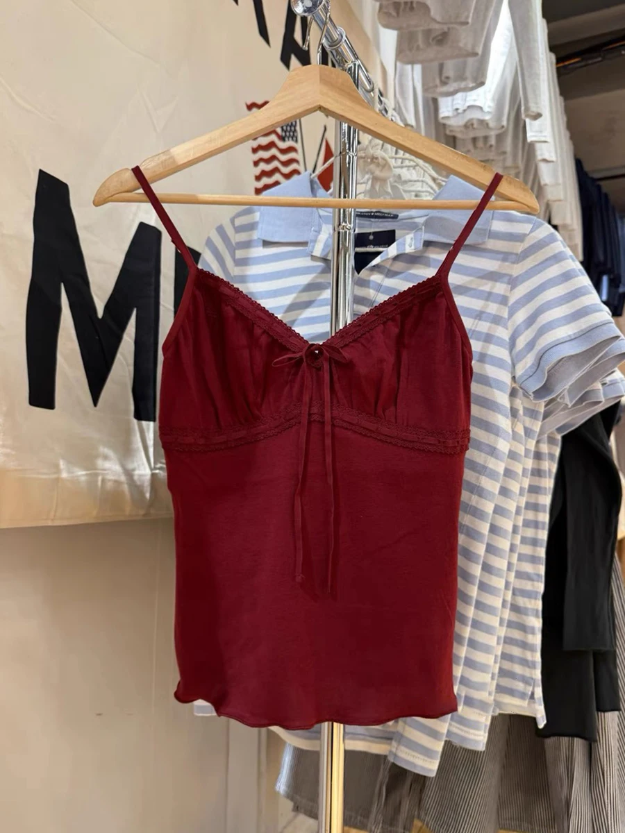 الدانتيل متابعة الصلبة سليم بروتيل المرأة الصيف الدانتيل تقليم الخامس الرقبة أكمام اقتصاص تانك القمم عادية خمر الحلو بورجوندي المحاصيل الأعلى جديد