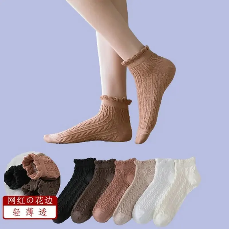 Kaus kaki katun model perahu wanita, kaus kaki katun berkerut, kaus kaki pendek, kaus kaki kasual kualitas tinggi, kaus kaki warna polos, 6 pasang