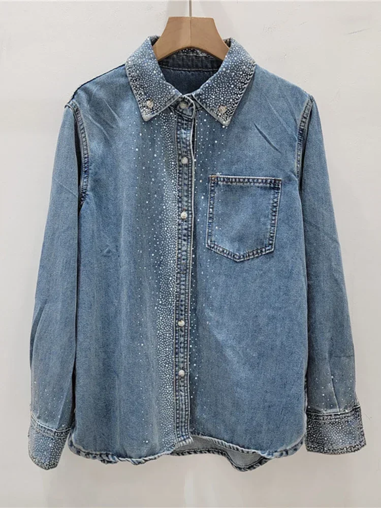 Camisa vaquera holgada azul gris para mujer, blusa con solapa de diamantes de imitación y botones de un solo pecho, novedad de verano 2024, moda 29L6940