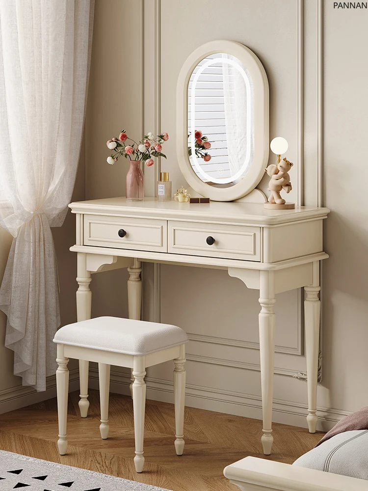 

Cream wind solid wood white dresser bedroom multi-functional lamp mirror integrated small makeup table