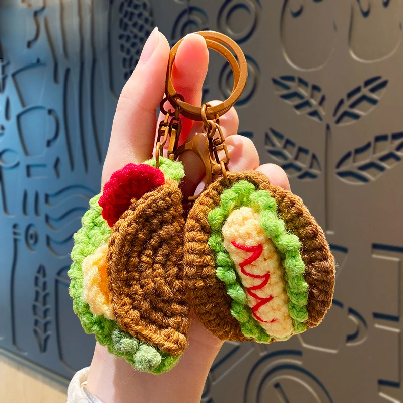 Fashion Handmade Knitted Food Keyring Crocheted Wool Hot Dog Pancake Pendants Keychain Friends Car Handbag Keyfob Charms Gifts