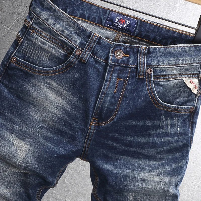 Fashion Designer Men Jeans Retro Washed Blue Stretch Slim Fit Ripped Jeans Men Trendy Trousers Vintage Denim Pants Hombre