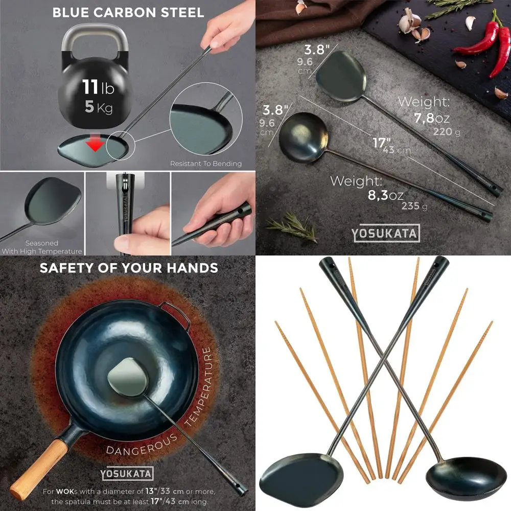 

Blue Carbon Steel Wok Accessories Set - 17 Spatula, Ladle, 3 Pairs Chopsticks for Authentic Asian Cooking