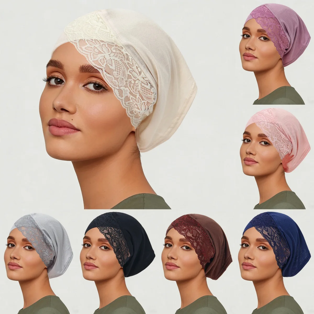 

7PCS/Set Tube Cap Lace Underscarf Bone Women Muslim Inner Hijab Hat Beanies Jersey Undercap Head Wrap Solid Color Turbante Mujer