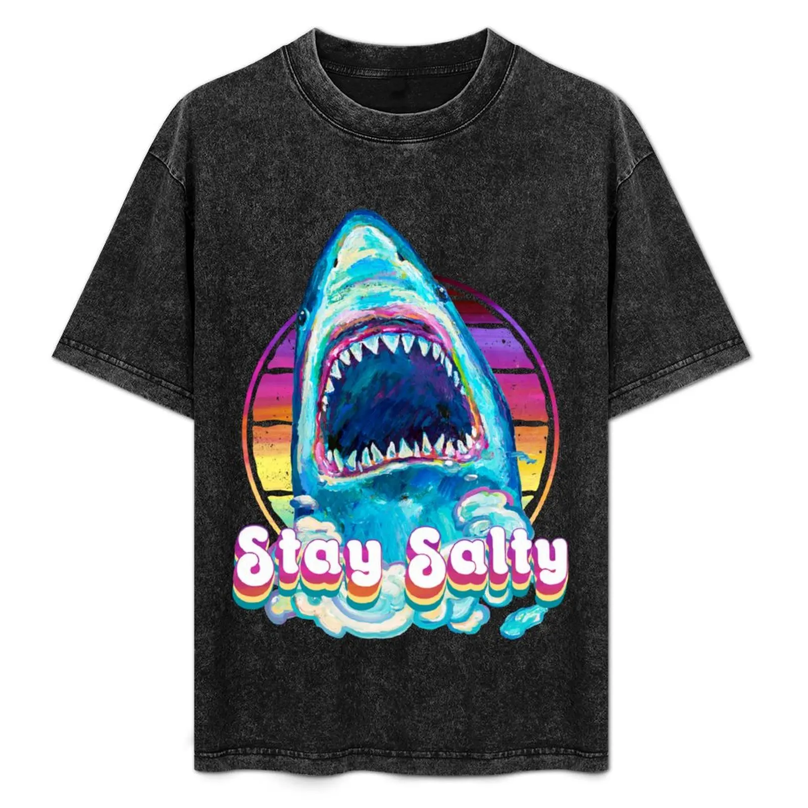 

Stay Salty Retro Great White Shark by Robert Phelps T-Shirt Summer Holiday Casual Tee