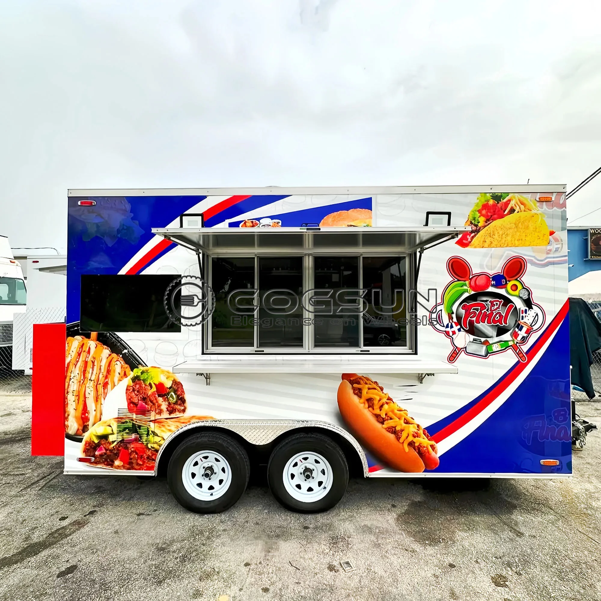 

COGSUN Luxury Fully Equipped Mobile Kitchen Food Truck Trailer Pizza Burger Fries BBQ Wings Ice Cream Coffee Bar Sale