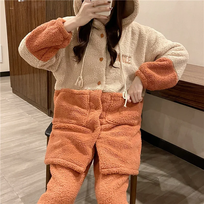 Coral fleece pajamas for women Winter Warm home Wear 2023 new Teddy fleece long letter set