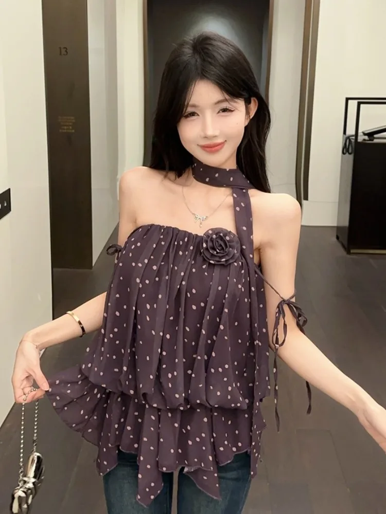 

Purple Polka Dot Suspenders 3D Flower Tube Top Women's Summer New Sleeveless Shoulder Baring Strap Vest Trendy Inner Wear