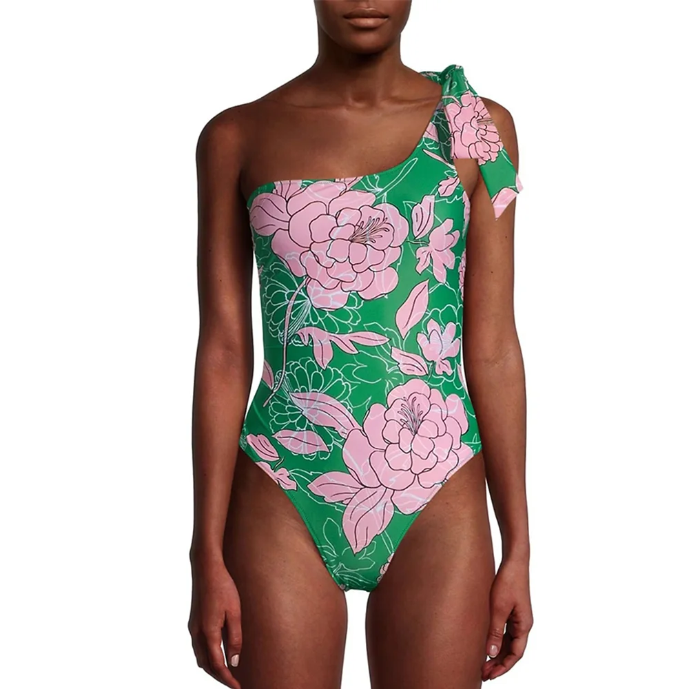 

Green Women's Bikini Fashion Shoulder Flower Print One Piece Fashion Designer New Beach Vacation Camping Swimsuit
