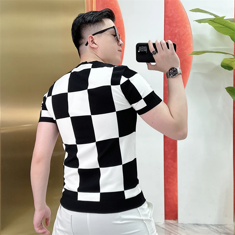 2023 High Quality Plaid Knitted T-shirt Short Sleeve Slim Fit Casual Tshirts Ice Silk Breathable Business Social Crew Neck Tees