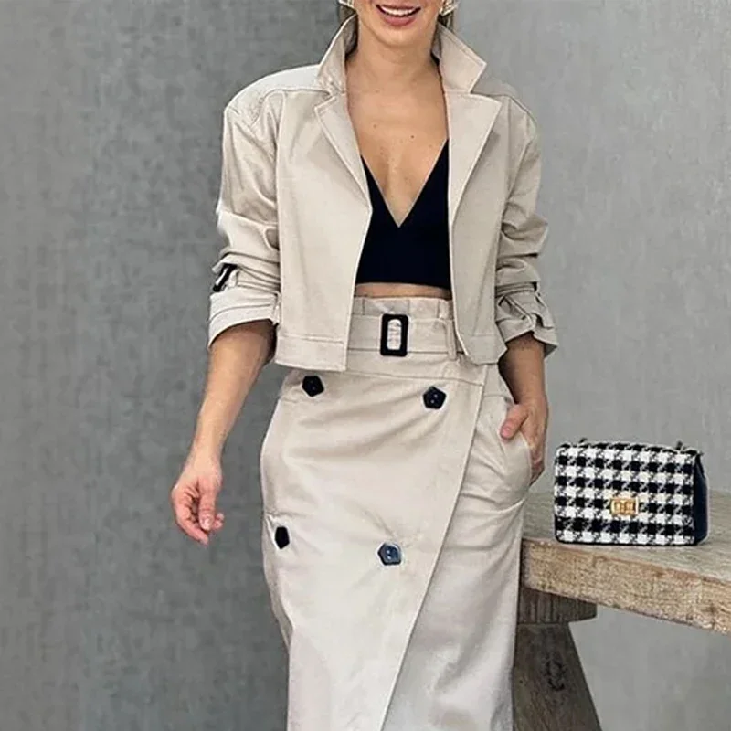 Long sleeved collar solid color top A-line slim fit irregular slit with button down long skirt set